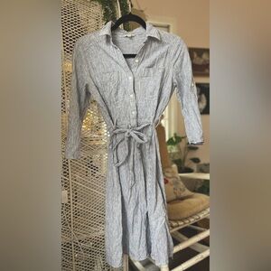 Max Studio Linen Blend White & Navy Pinstriped 3/4 Sleeve Button Midi Dress XS